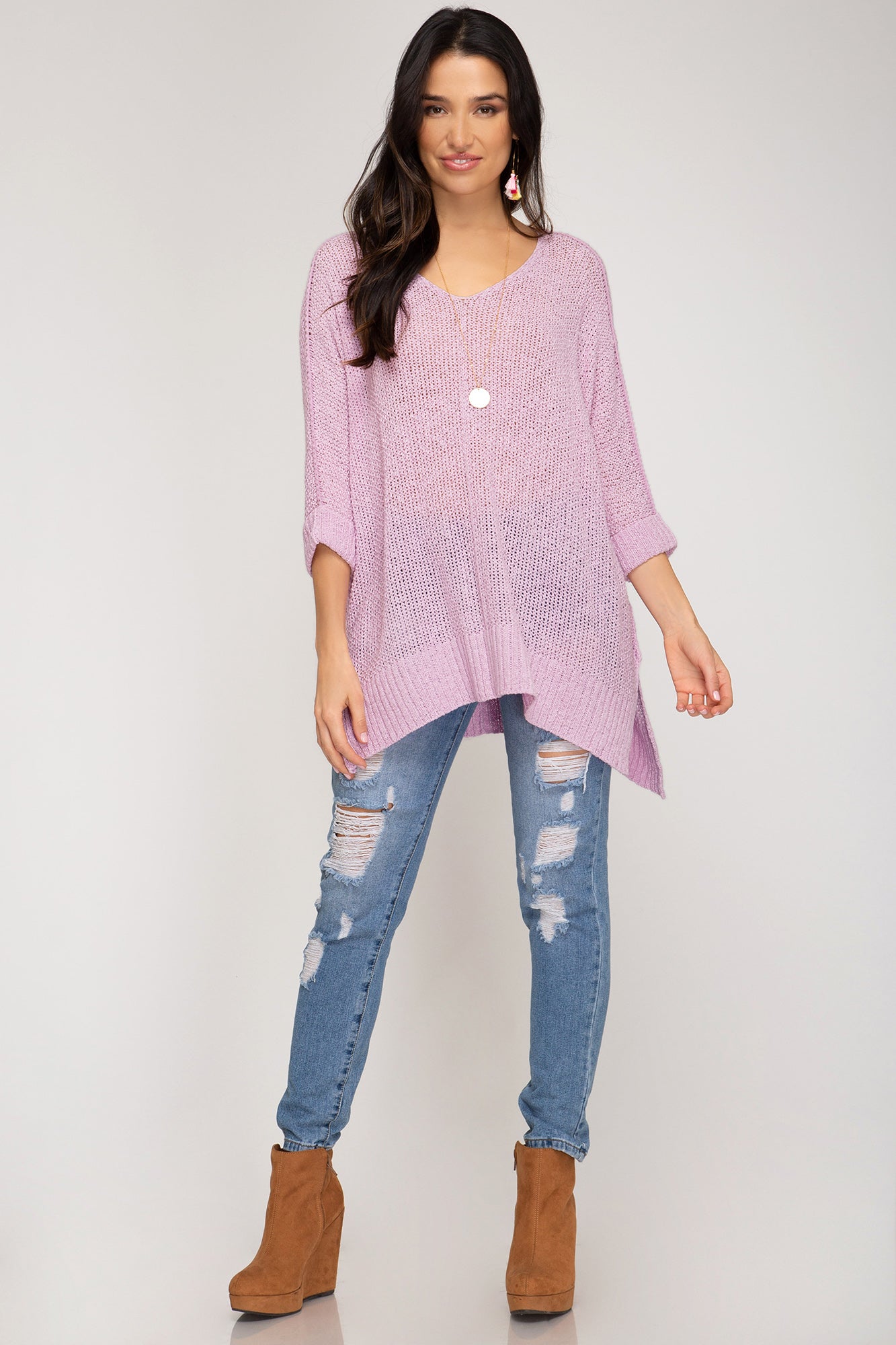 Damen Pullover mit 3/4 Ärmeln und Hi-Lo Schnitt aus Baumwolle 1