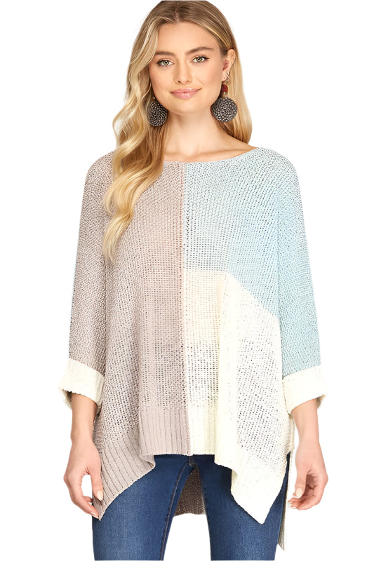 Damen Pullover mit Farbblockdesign aus Strick in Grau und Himmelblau 0