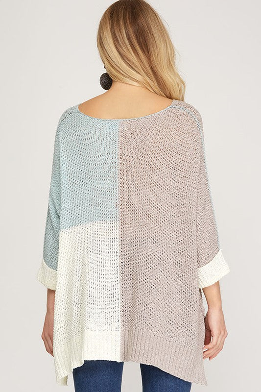 Damen Pullover mit Farbblockdesign aus Strick in Grau und Himmelblau 2