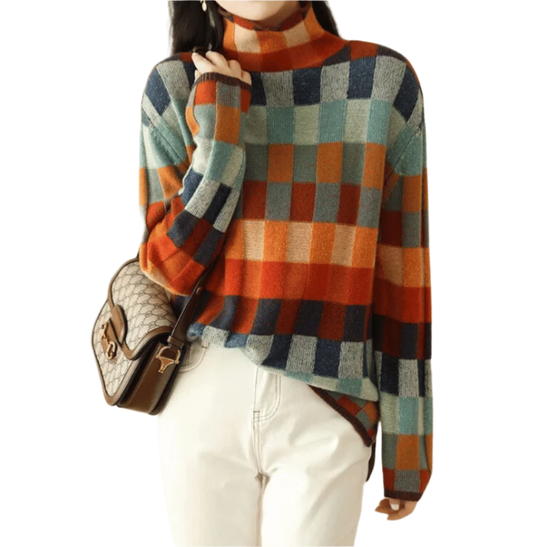 Damen Pullover mit Stehkragen und Patchwork-Design 0