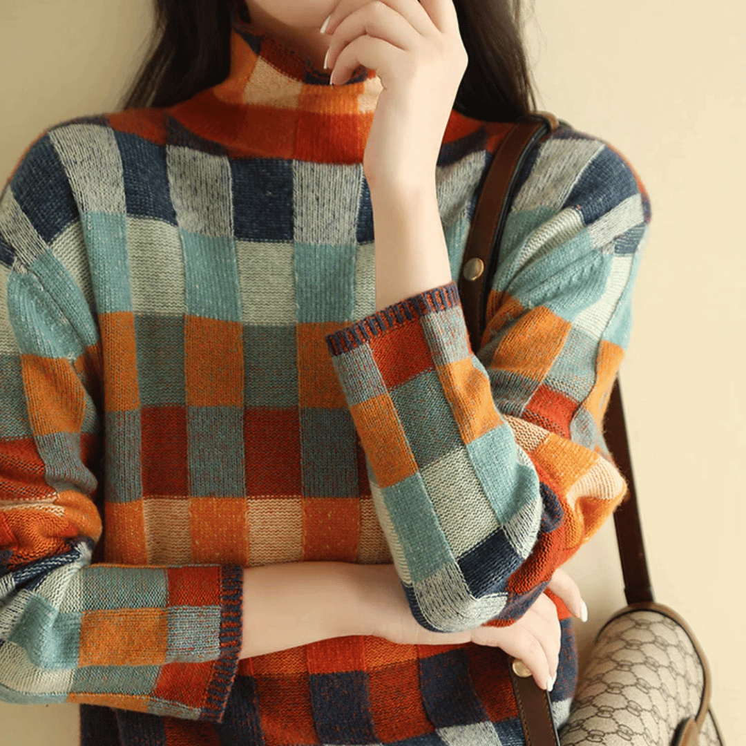 Damen Pullover mit Stehkragen und Patchwork-Design 5