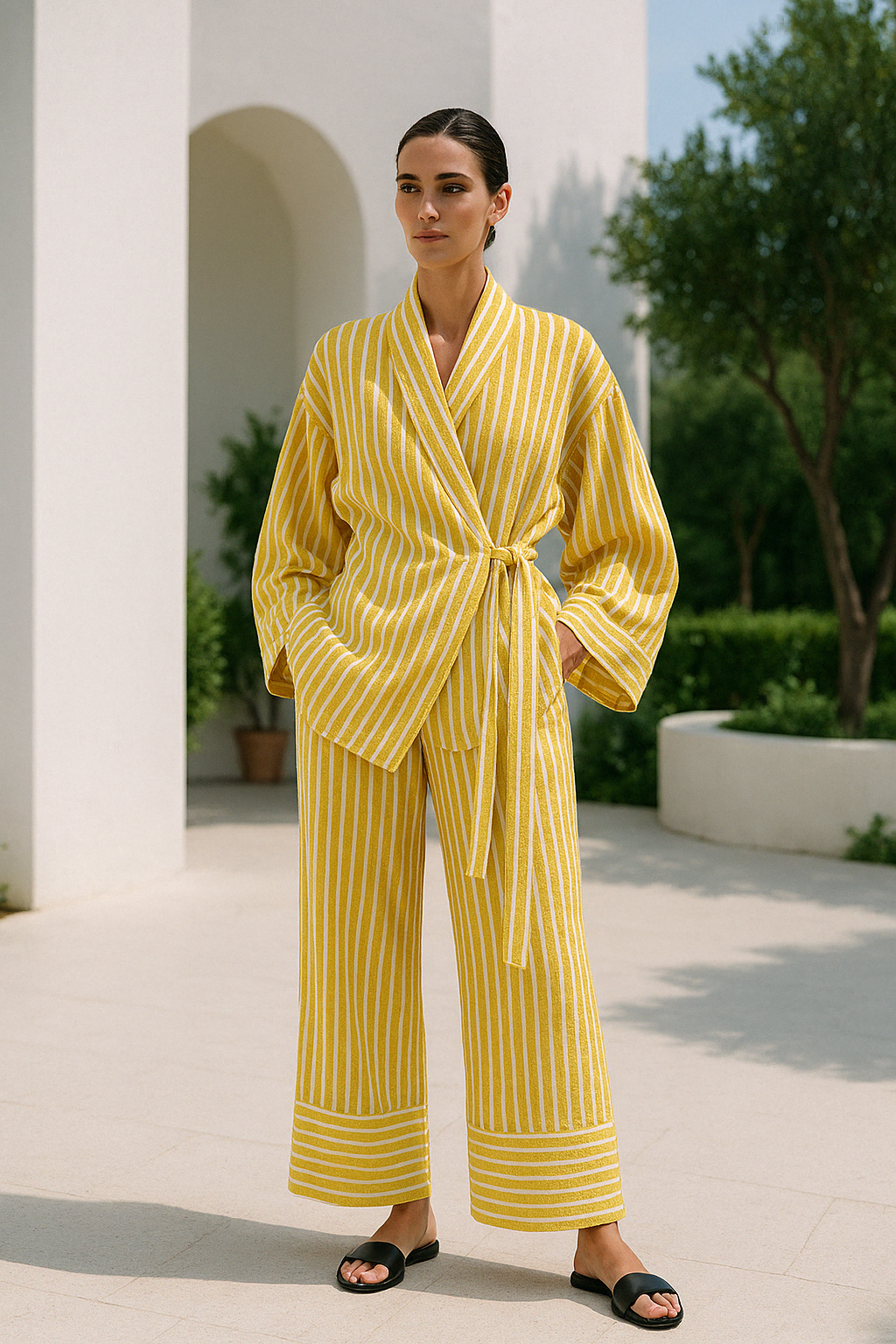 Damen Pyjama Set Lässiger Zweiteiliger Schlafanzug mit Wickelbluse und Weiten Hose aus leichtem Material 2