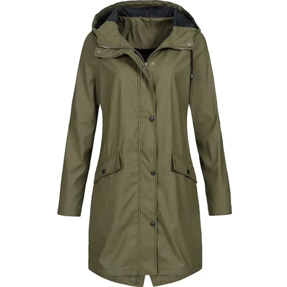 Damen Regenmantel Lange Regenjacke Wasserabweisend Synthetische Fasern 10