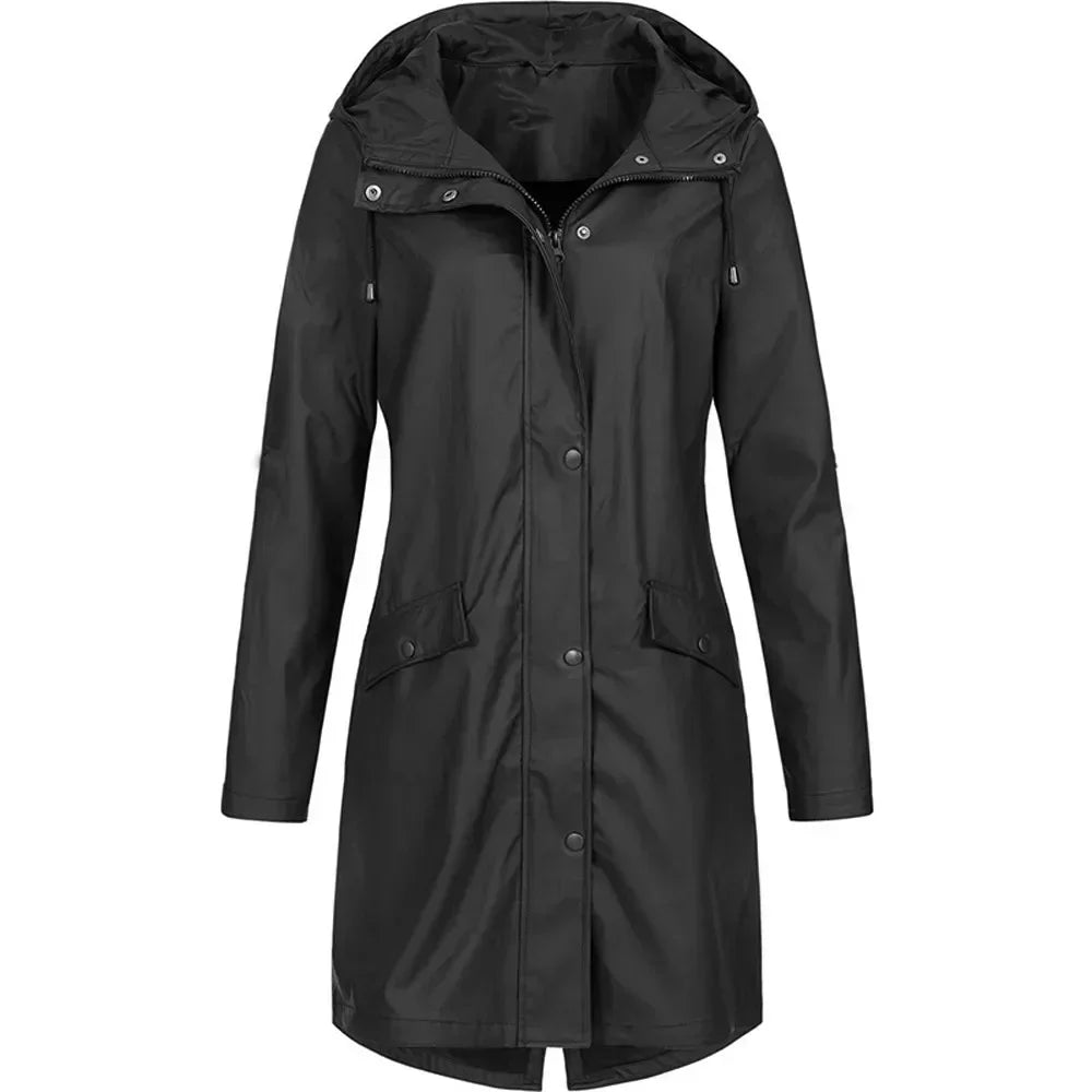 Damen Regenmantel Lange Regenjacke Wasserabweisend Synthetische Fasern 7