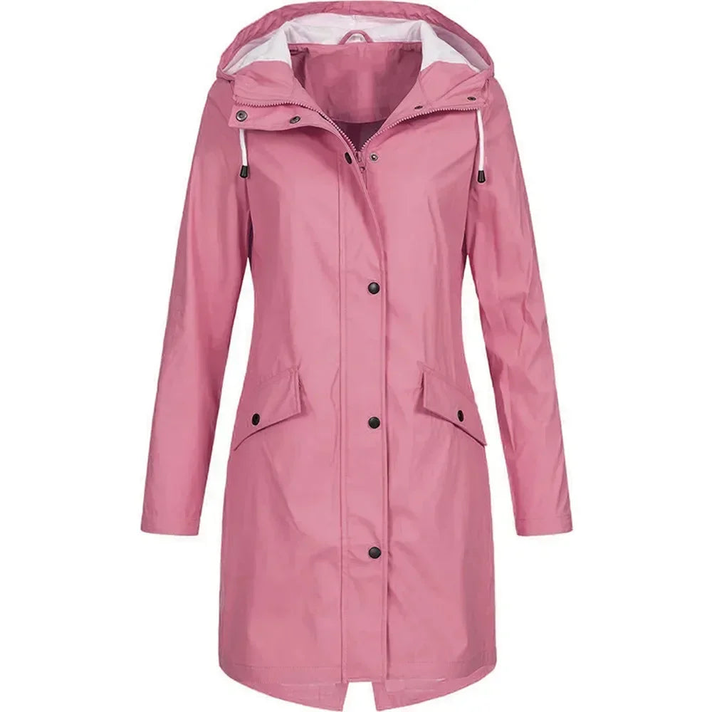 Damen Regenmantel Lange Regenjacke Wasserabweisend Synthetische Fasern 9