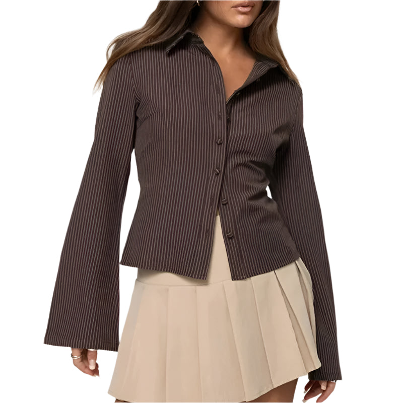 Damen Retro Bluse Slim-Fit mit Ausgestellten Ärmeln 0