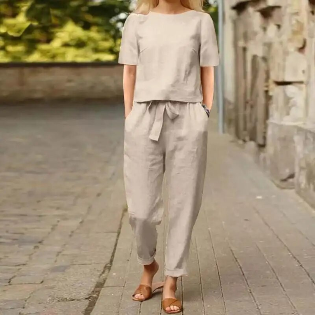 Damen Set Leinen Twin Set mit Hose und Top für Sommer 1