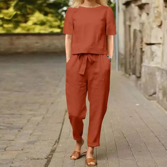 Damen Set Leinen Twin Set mit Hose und Top für Sommer 3
