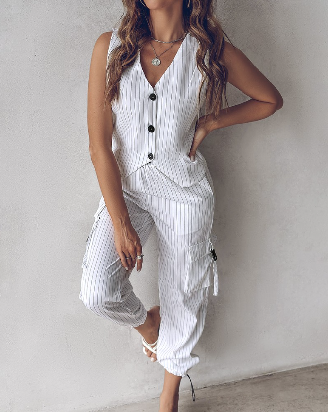 Damen Set Twin Set mit Gilet und Hose im Streifen-Design, Bequemer Stoff 8
