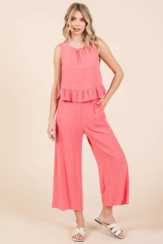 Damen Set aus Leinen mit Rüschentop und Hose 1