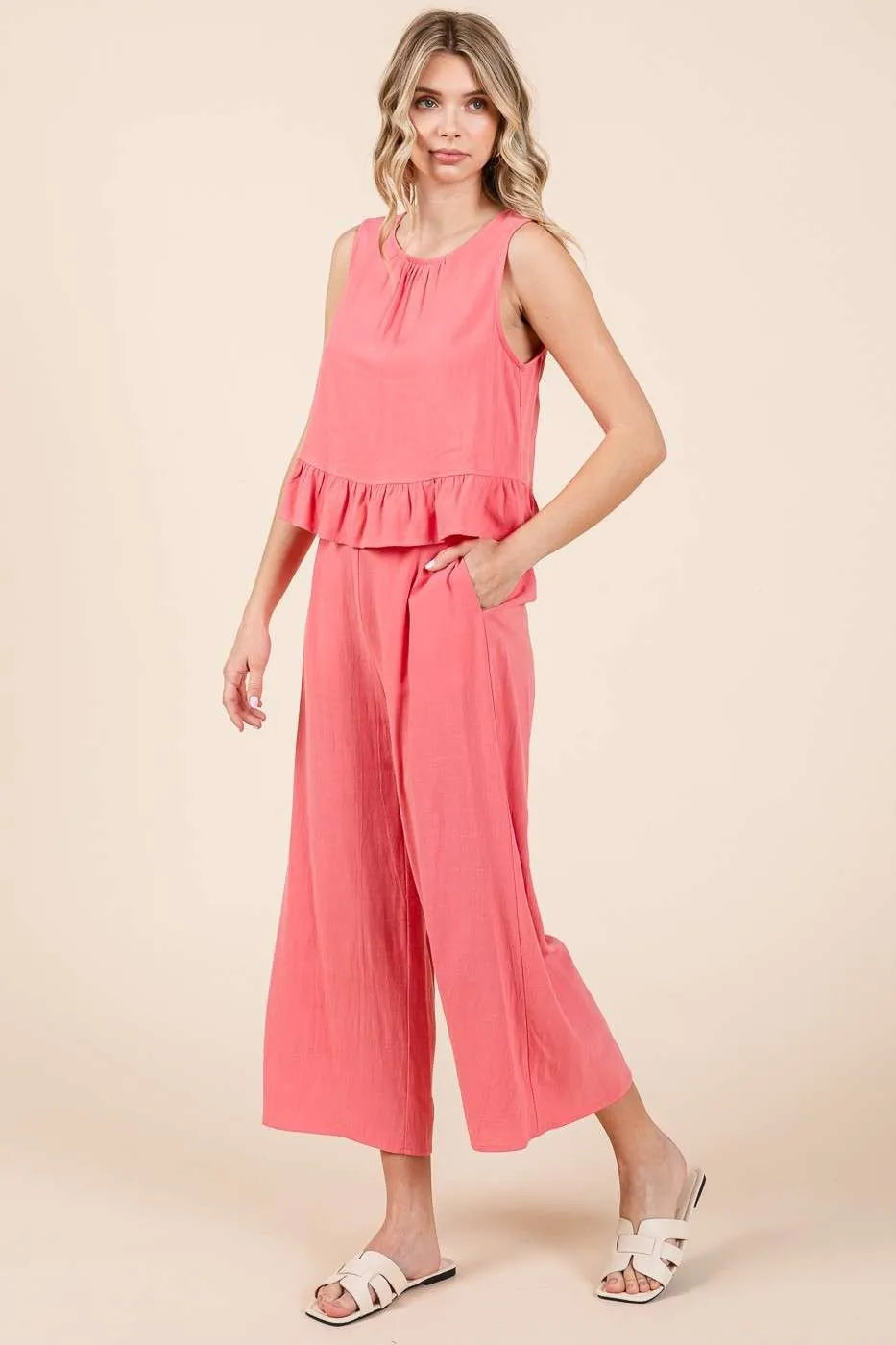 Damen Set aus Leinen mit Rüschentop und Hose 2