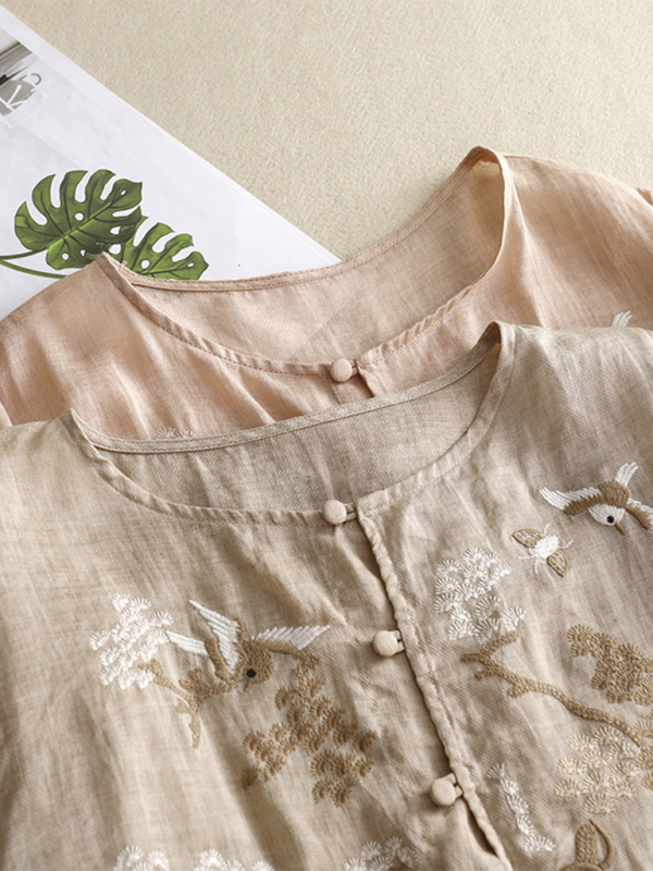 Damen Shirt Retro Rundhals Leinen mit Stickerei 1