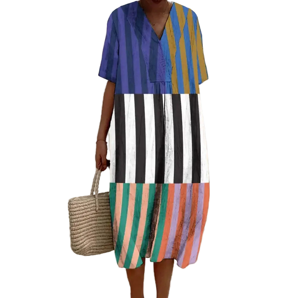 Damen Shirtkleid mit V-Ausschnitt und Taschen im Streifenmuster 0