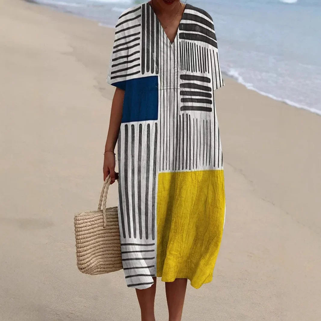 Damen Shirtkleid mit V-Ausschnitt und Taschen im Streifenmuster 2