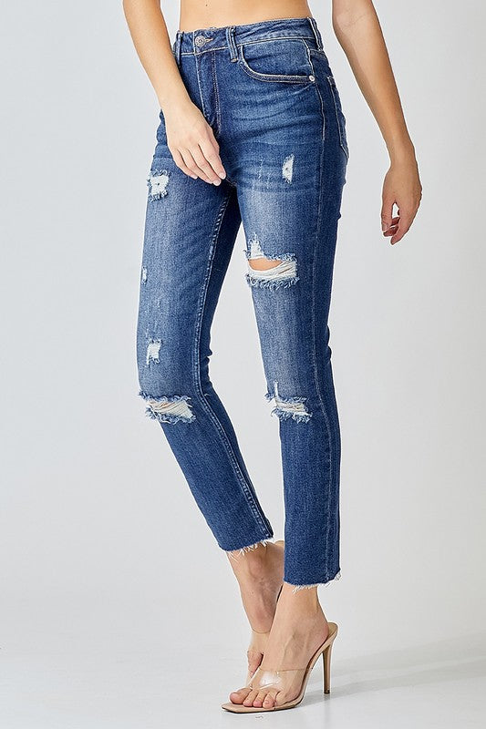Damen Skinny Jeans Hoch geschnitten mit Distressed-Details 1