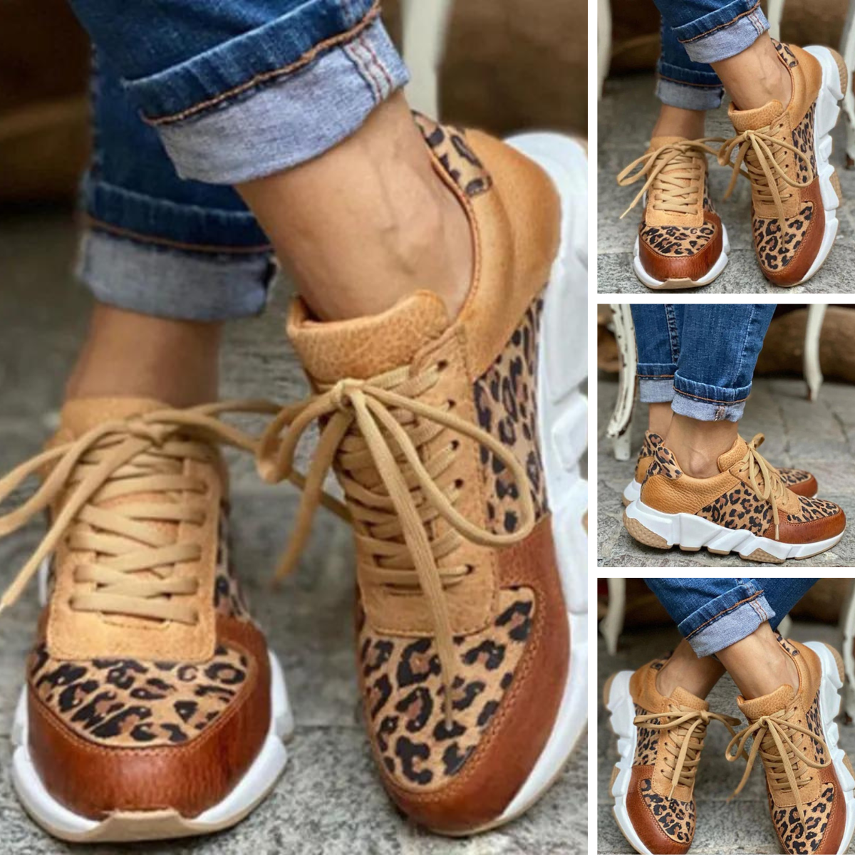 Damen Sneakers Leoparden-Druck Chunky Textil Gummi 3