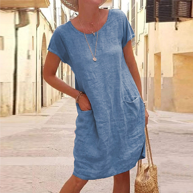 Damen Sommerkleid Lässig Leicht Atmungsaktiv mit Taschen 1