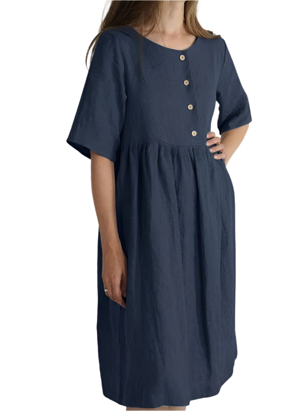 Damen Sommerkleid Rundhals Baumwolle Leinen Locker mit Taschen 0