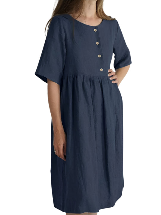Damen Sommerkleid Rundhals Baumwolle Leinen Locker mit Taschen 0