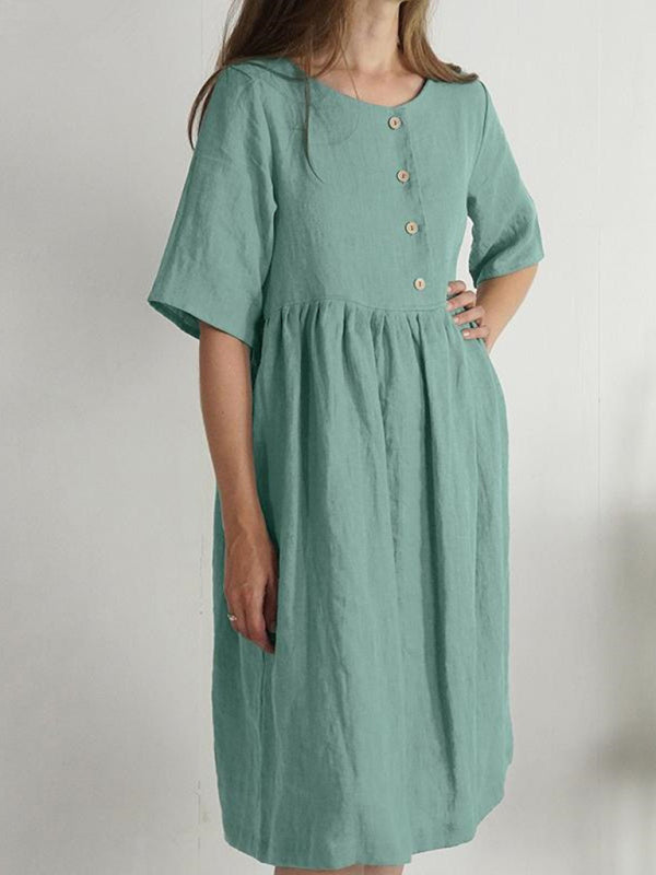 Damen Sommerkleid Rundhals Baumwolle Leinen Locker mit Taschen 2