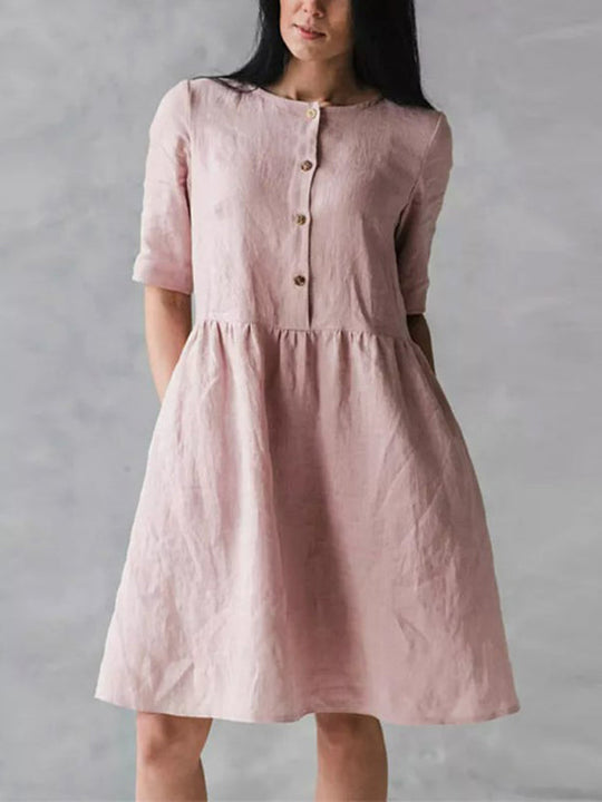 Damen Sommerkleid Rundhals Baumwolle Leinen Locker mit Taschen 3