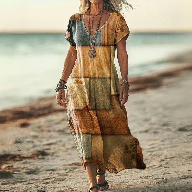 Damen Sommerkleid V-Ausschnitt Fließender Stoff 1