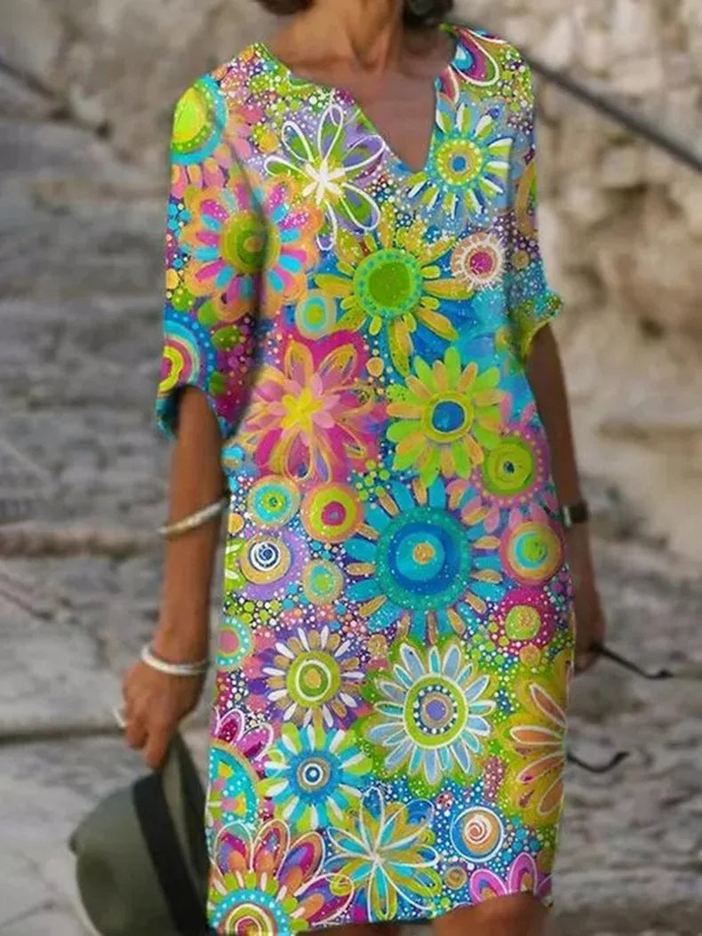 Damen Sommerkleid V-Ausschnitt mit Blumenmuster 1