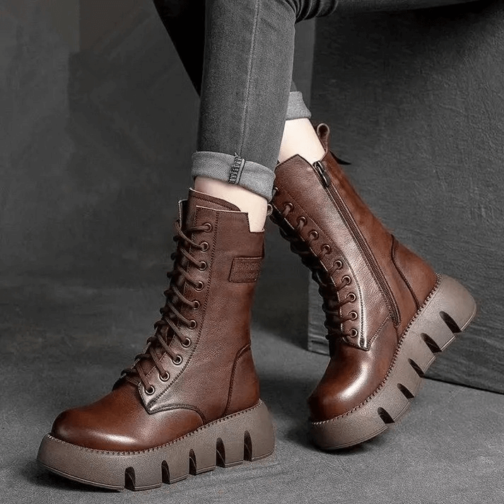 Damen Stiefel Mittelhoch mit Schnürung und Klobiger Sohle 3