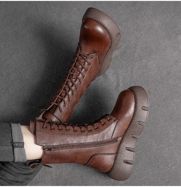 Damen Stiefel Mittelhoch mit Schnürung und Klobiger Sohle 5