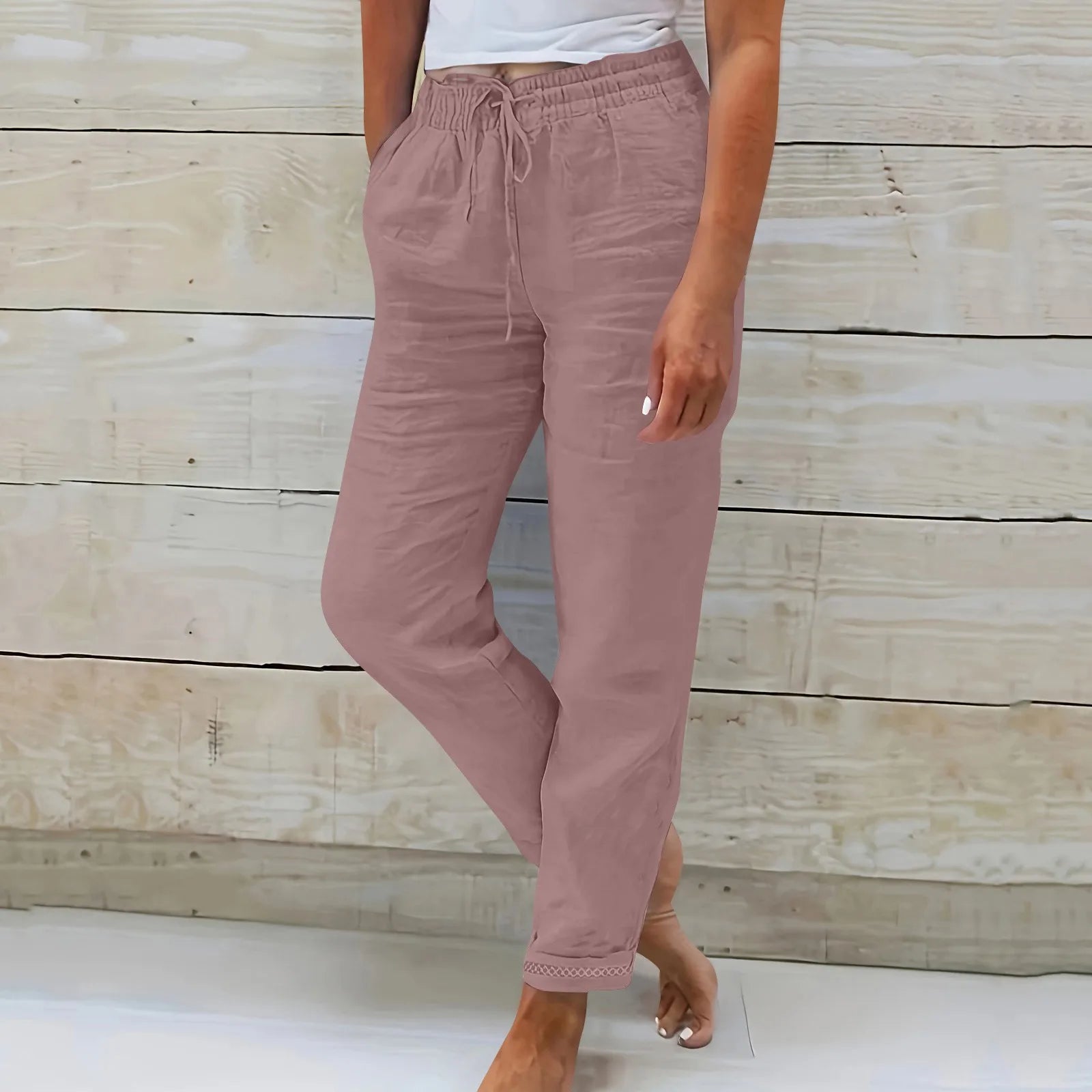 Damen Stoffhose Weit Baumwoll-Leinen Mischung mit Elastischem Bund 7