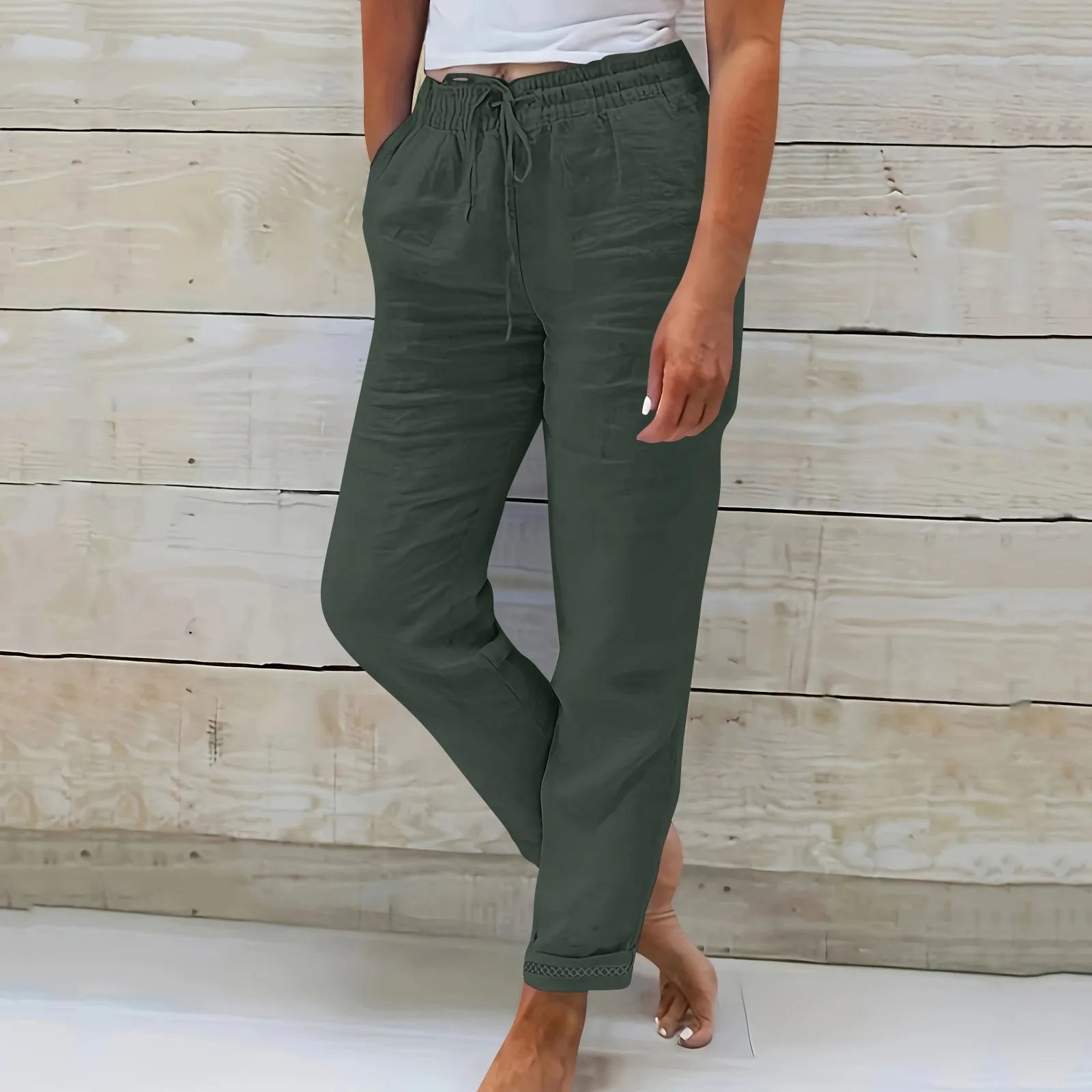Damen Stoffhose Weit Baumwoll-Leinen Mischung mit Elastischem Bund 8