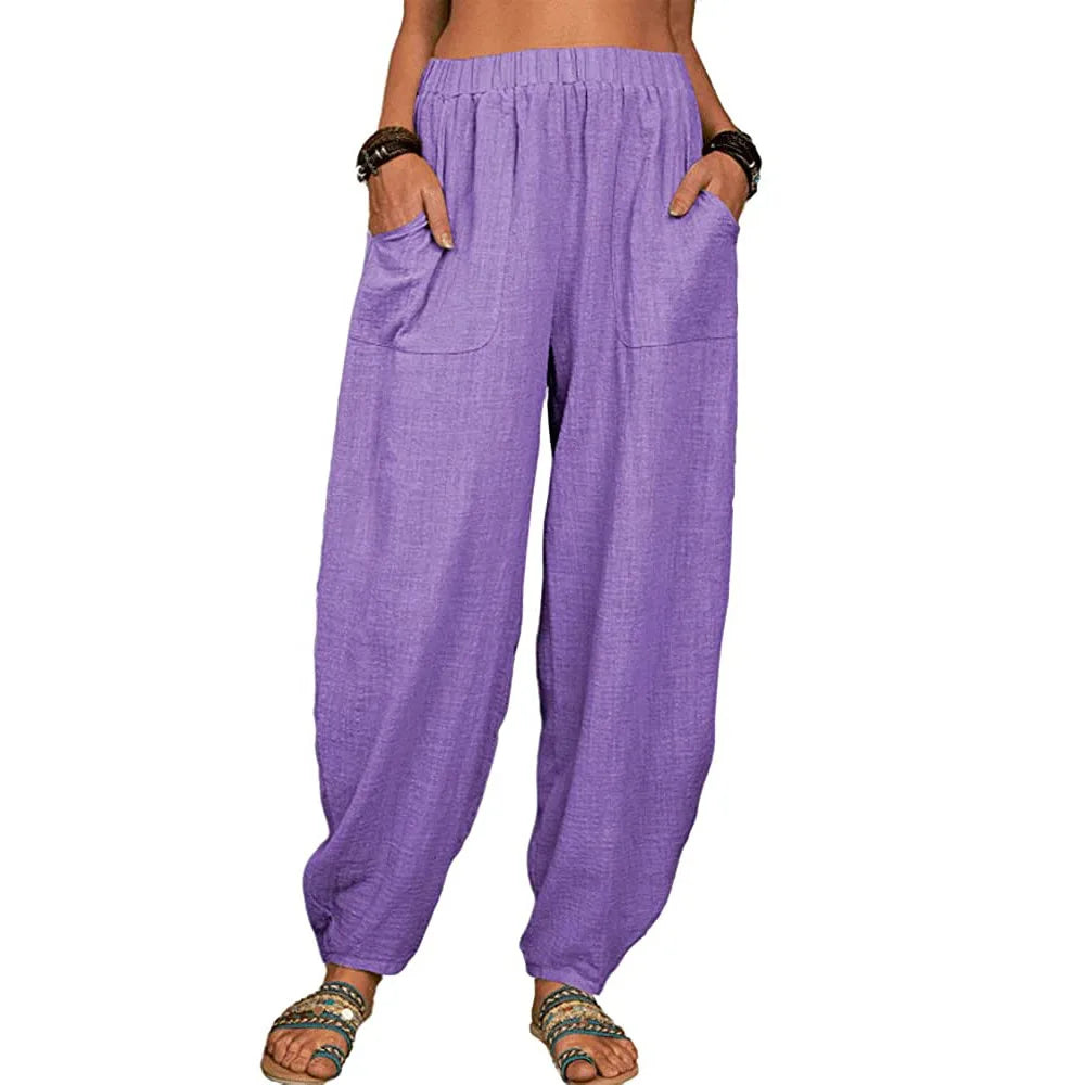 Damen Stoffhose Weite Beine Hoch Tailliert Baumwolle Leinen für Sommer 0