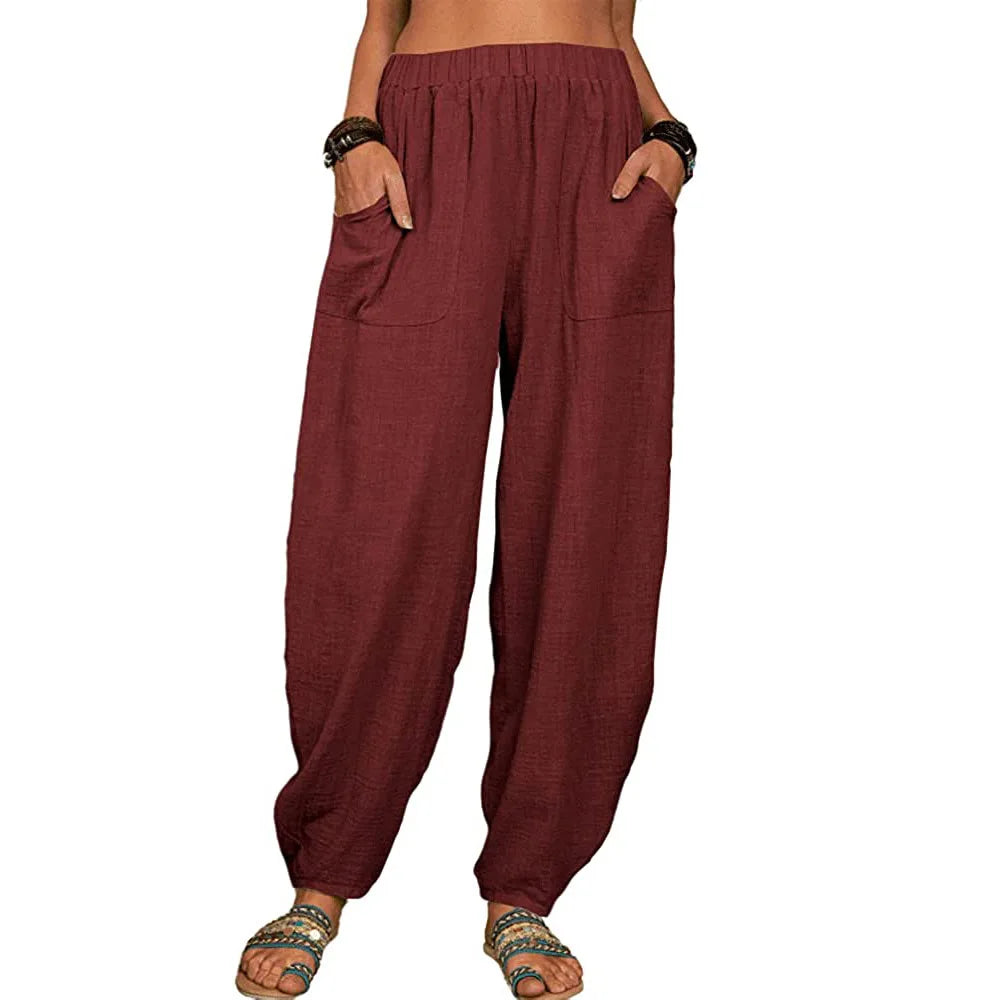 Damen Stoffhose Weite Beine Hoch Tailliert Baumwolle Leinen für Sommer 1
