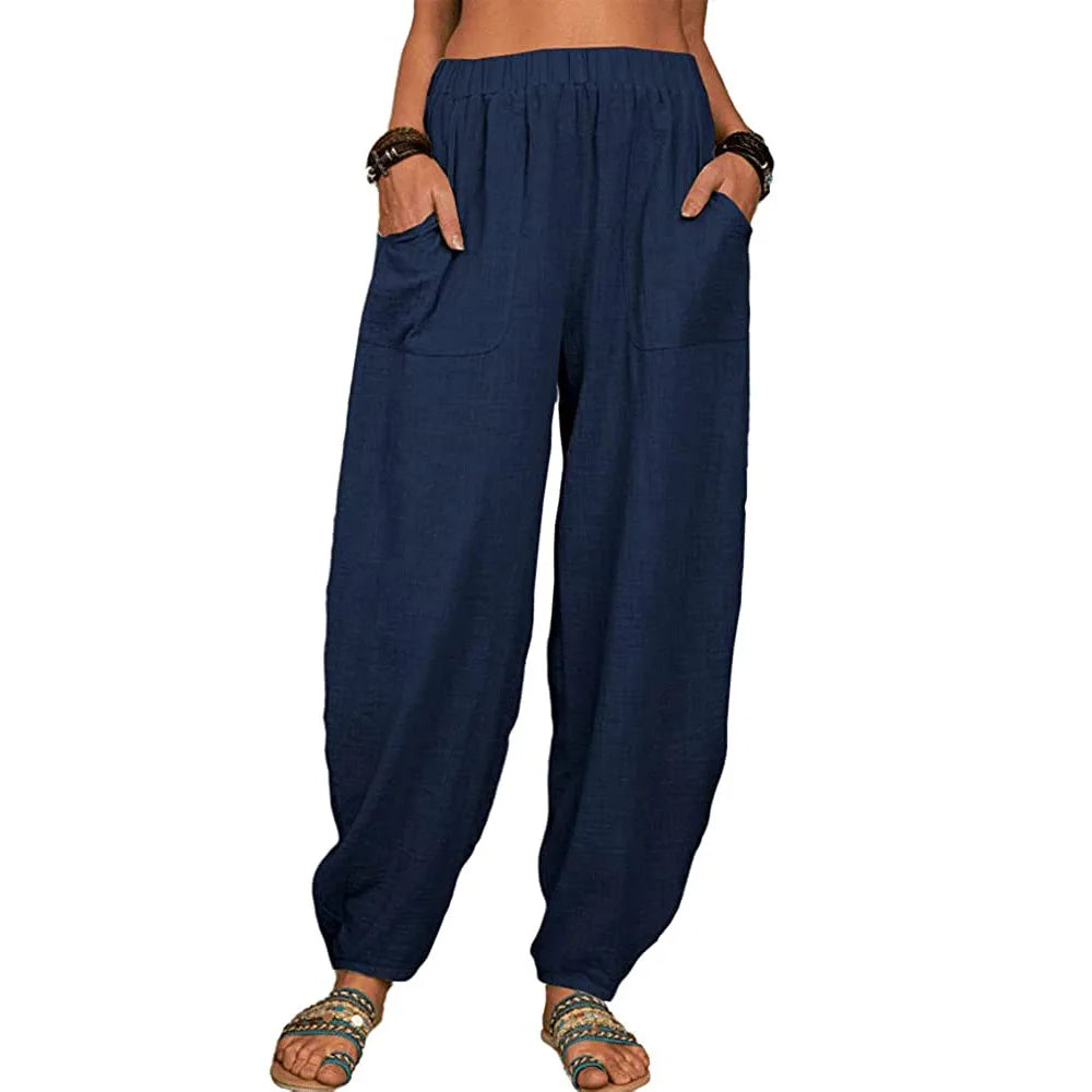 Damen Stoffhose Weite Beine Hoch Tailliert Baumwolle Leinen für Sommer 2