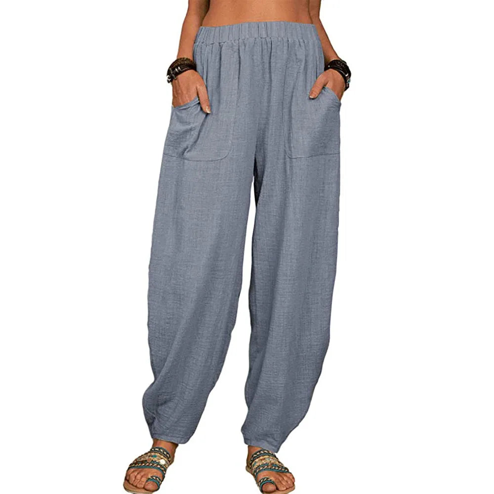 Damen Stoffhose Weite Beine Hoch Tailliert Baumwolle Leinen für Sommer 3