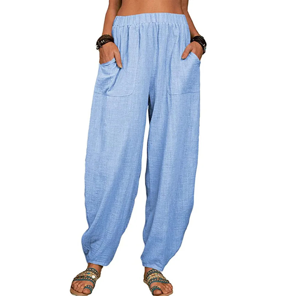 Damen Stoffhose Weite Beine Hoch Tailliert Baumwolle Leinen für Sommer 4