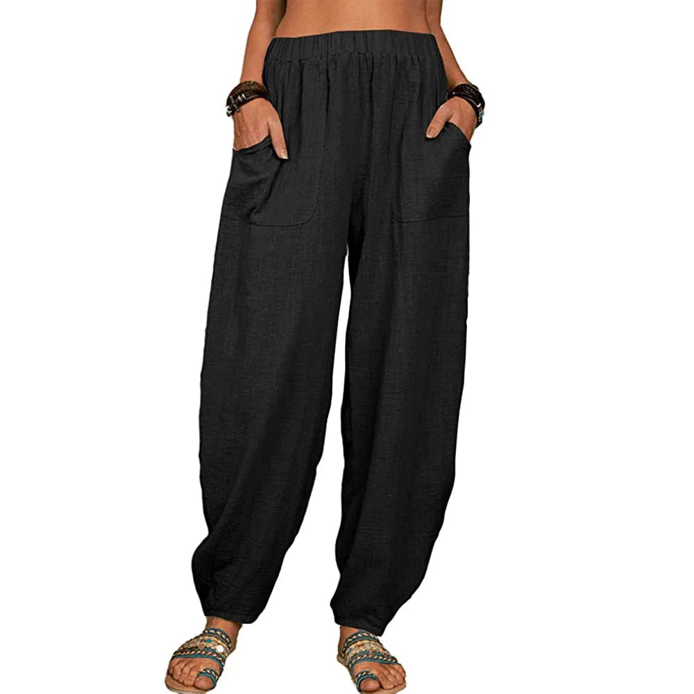 Damen Stoffhose Weite Beine Hoch Tailliert Baumwolle Leinen für Sommer 5