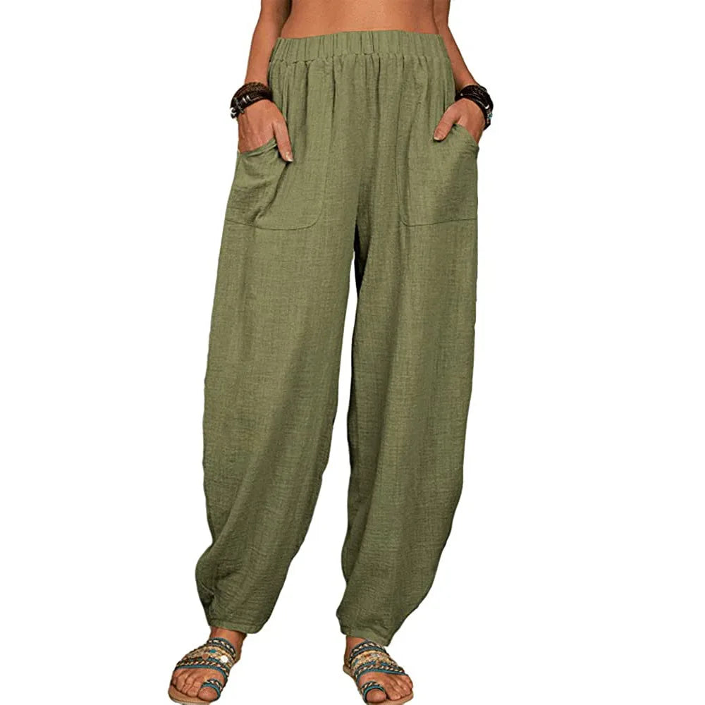 Damen Stoffhose Weite Beine Hoch Tailliert Baumwolle Leinen für Sommer 6