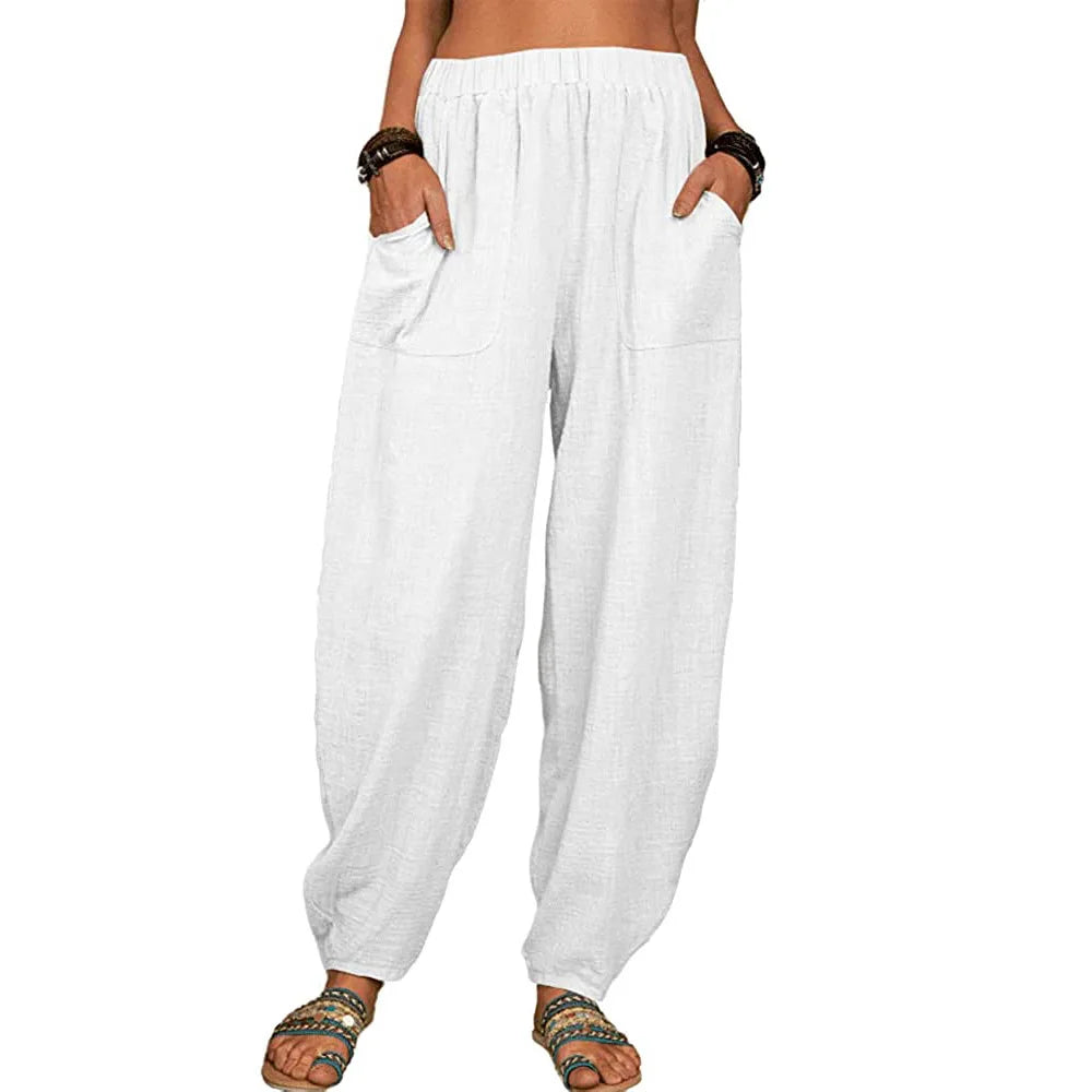 Damen Stoffhose Weite Beine Hoch Tailliert Baumwolle Leinen für Sommer 7