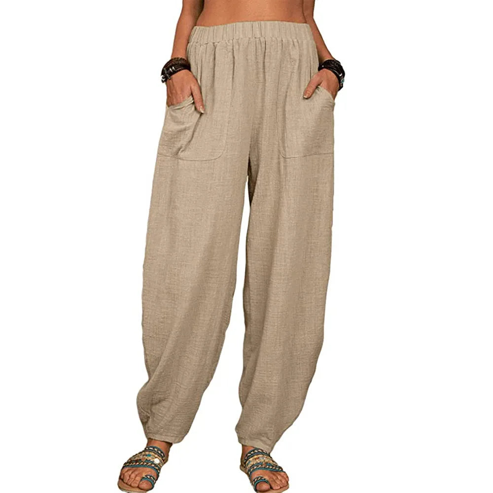 Damen Stoffhose Weite Beine Hoch Tailliert Baumwolle Leinen für Sommer 8