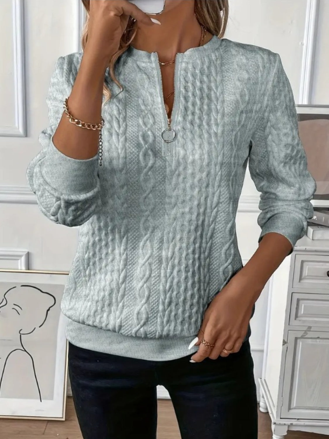 Damen Sweatshirt Halb-Reißverschluss Strukturierter Stoff Leicht Dehnbar 6