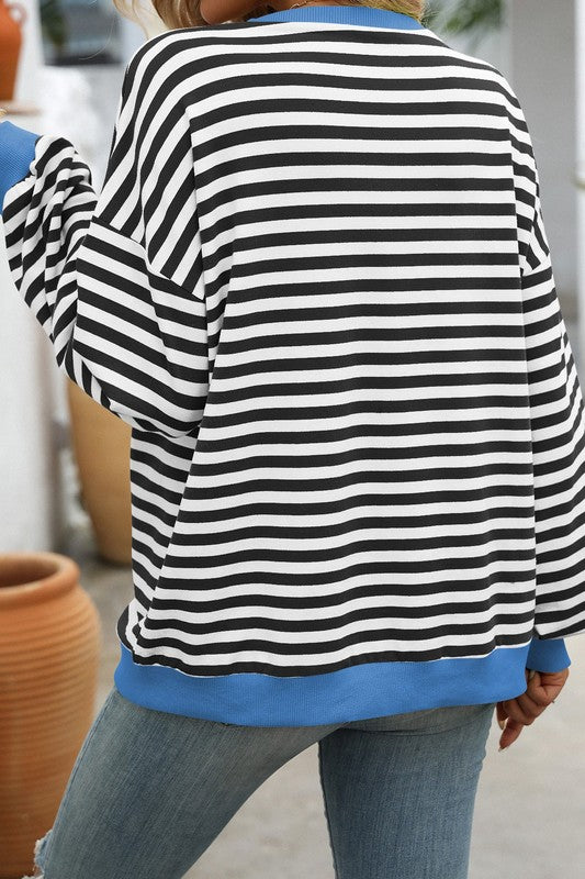 Damen Sweatshirt Rundhals Streifenmuster Baumwolle Lässig 1