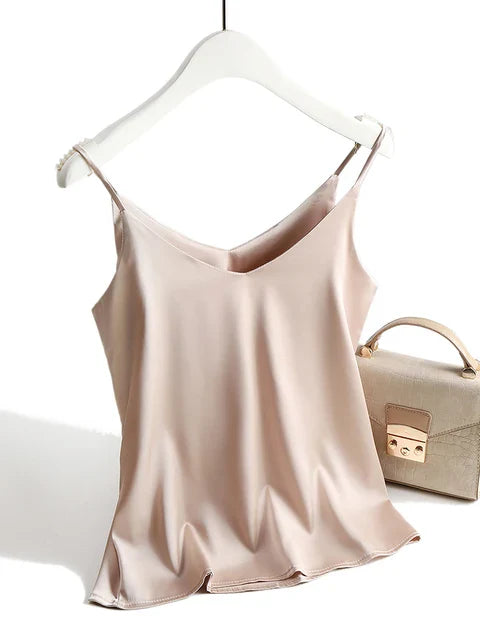 Damen Top V-Ausschnitt Satin Spaghettiträger Festlich Elegantes Glitzer Oberteil 3