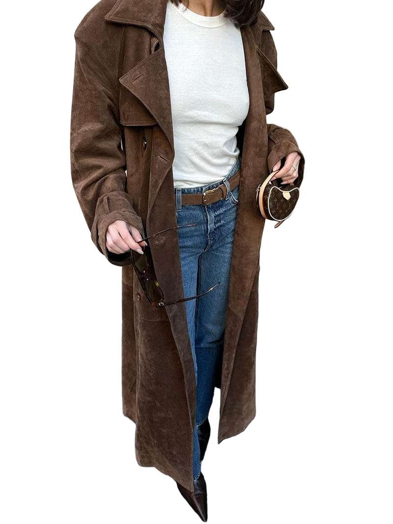 Damen Trenchcoat Midi mit Doppelkknopfleiste und Gürtel im Suède-Look 0