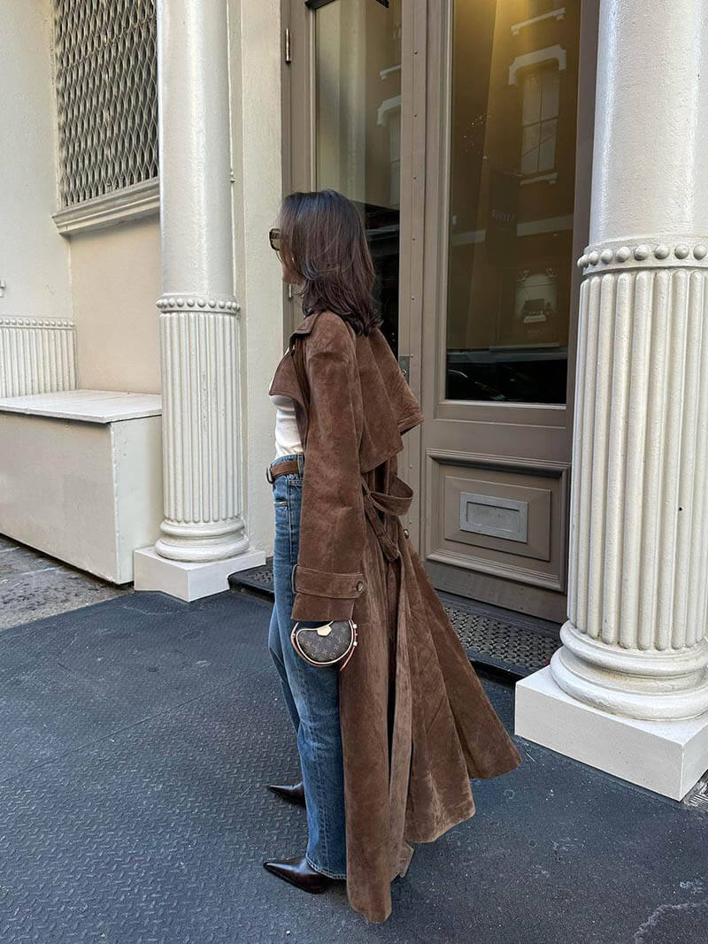 Damen Trenchcoat Midi mit Doppelkknopfleiste und Gürtel im Suède-Look 2