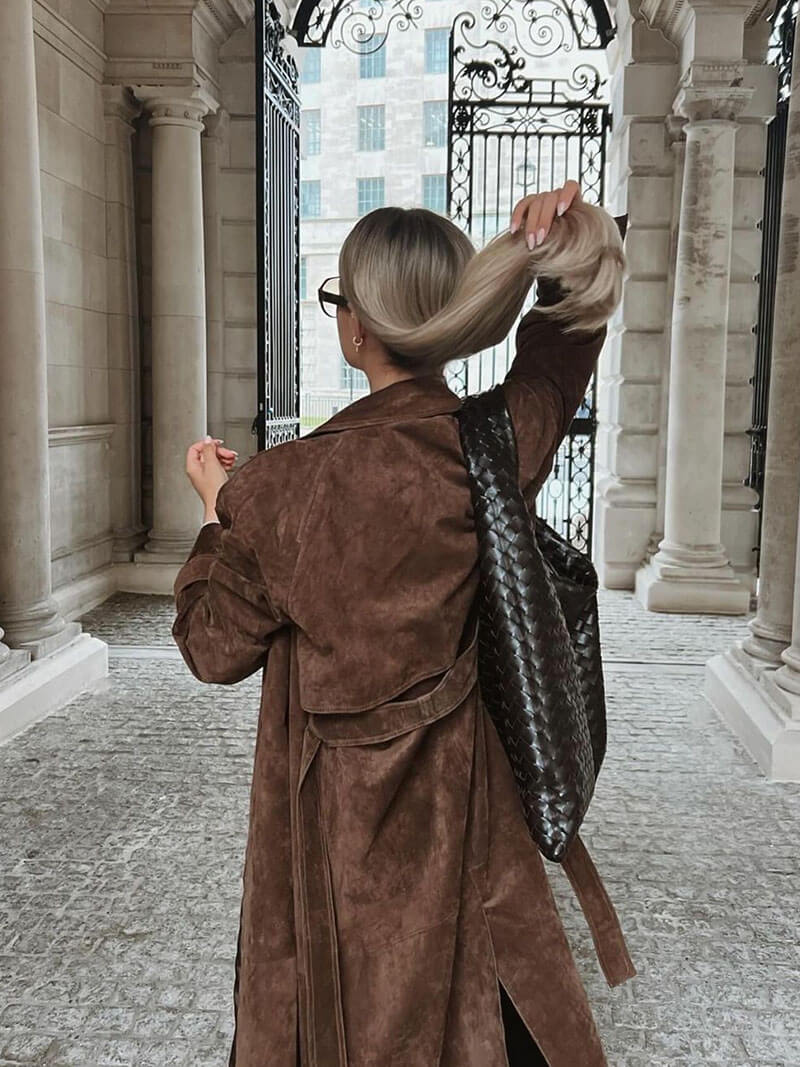 Damen Trenchcoat Midi mit Doppelkknopfleiste und Gürtel im Suède-Look 5