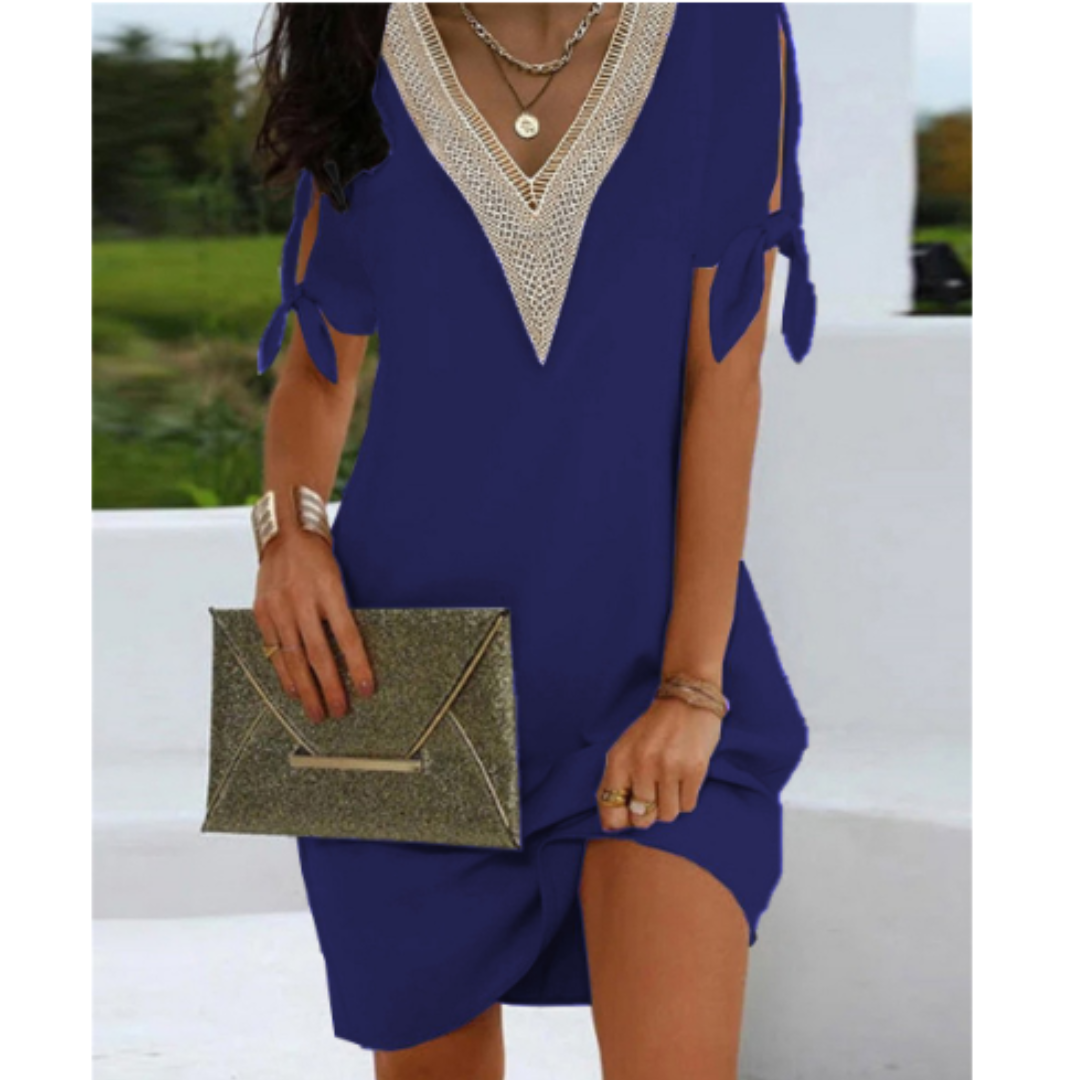 Damen Tunikakleid V-Ausschnitt mit Bindeärmeln 1