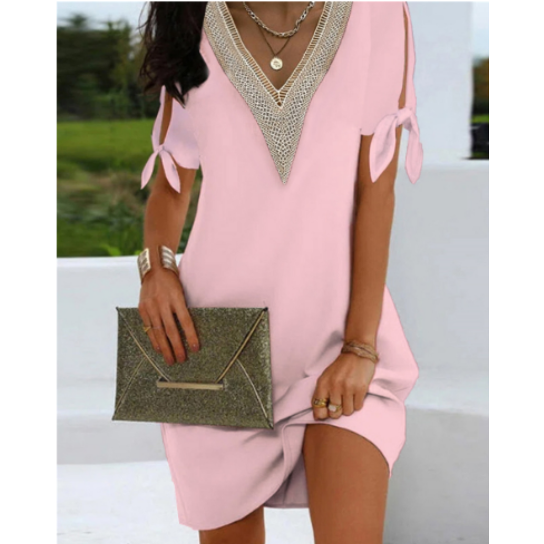 Damen Tunikakleid V-Ausschnitt mit Bindeärmeln 3