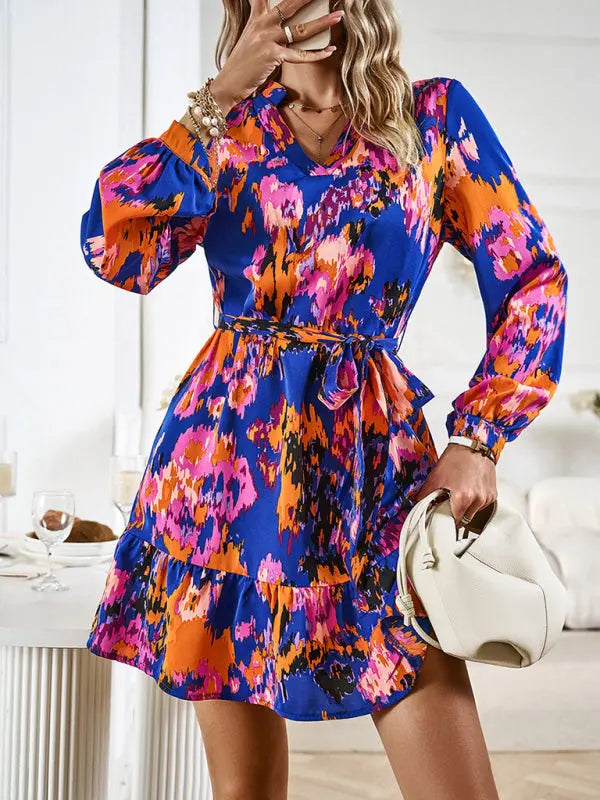 Damen V-Ausschnitt Druckkleid mit Gürtel 2