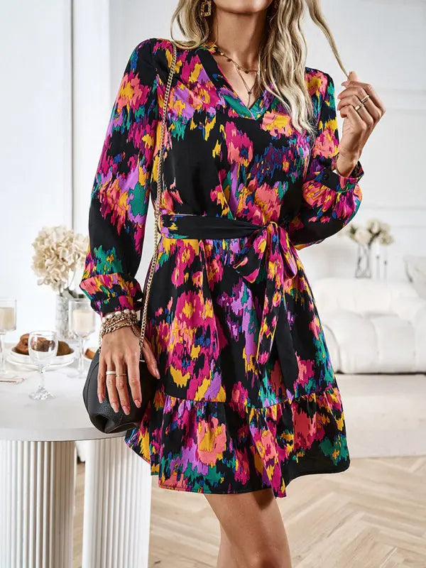 Damen V-Ausschnitt Druckkleid mit Gürtel 4